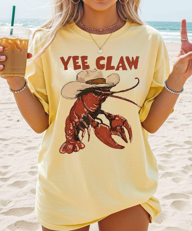Comfort Colors® Lobster Cowboy Shirt, Trendy Yee Claw Tee, Funny Lobster Shirt, Western Beach Top Amalfi Coast Trip, Tomato Girl Summer image 1