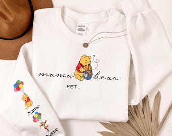 Custom Winnie the Pooh Mothers Days Gift, Mama Est with Kid Name on Sleeve, Personalized Mama Bear Hoodie and Sweatshirt, Mother Day Gift
