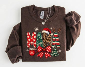 Christmas Mama Shirt or Sweatshirt, Leopard Print Holiday Sweatshirt, Coquette Bow Festive Mom Top