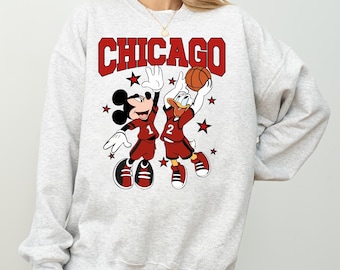 Disney Chicago Basketball Sweatshirt, Mickey and Donald Game Day Tee, Red Black Team Hoodie, Disney Inspired Hoop Top, Vintage Sports Gift