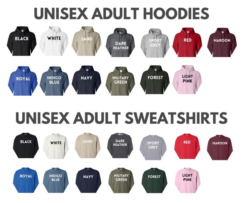 a collection of unisex adult hoodies and sweatshirts in various colors and styles, arranged in two rows.