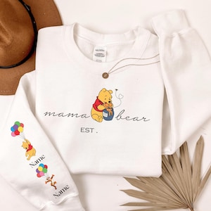 Custom Winnie the Pooh Mothers Days Gift, Mama Est with Kid Name on Sleeve, Personalized Mama Bear Hoodie and Sweatshirt, Mother Day Gift