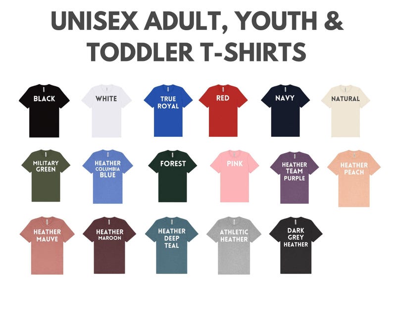 a collection of 16 different colored t-shirts, including black, white, red, navy, natural, military green, forest blue, pink, peach, maroon, maroon, teal, deep teal, athletic grey, and grey, suitable for both adult and youth wear.