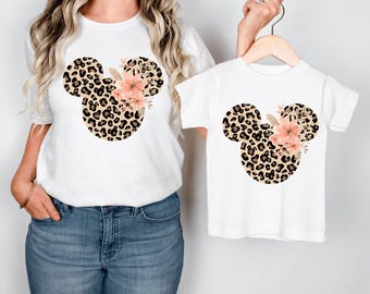 Leopard Print Floral Minnie Mouse Shirt, Cute Disney Mom Shirt, Leopard Minnie Ear Shirt, Leopard Mom Sweatshirt, Disney Girls Trip Shirt