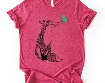 Fox and Butterfly Shirt, Cottagecore Forest Animal Tee, Cute Woodland Fox Graphic, Whimsical Nature Sweatshirt, Aesthetic Fox Lover Gift
