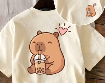 Cute Capybara Boba Tea Shirt or Sweatshirt, Kawaii Bubble Tea Capybara Tee, Pocket Front Back Print Shirt, Boba Lover Gift