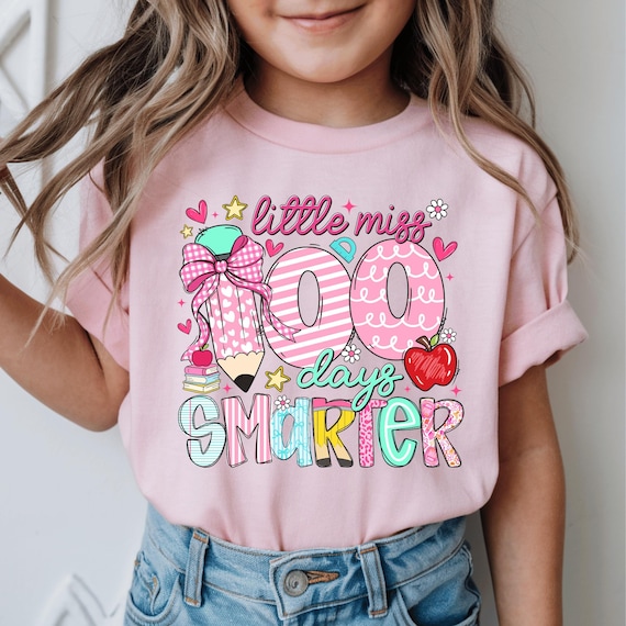 Little Miss 100 Days Smarter Shirt, Cute Teacher Student 100th Day Tee, Pencil Apple School Girl Sweatshirt, Pink 100 Days Shirt