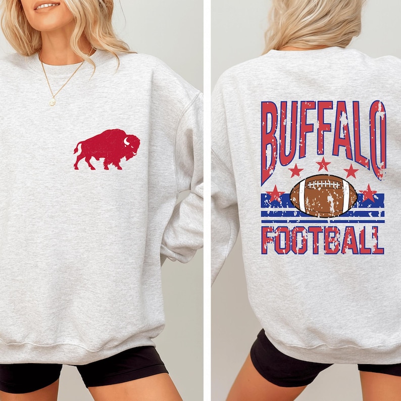 Buffalo Football Shirt Vintage Distressed Style Sweatshirt and Hoodie | Front Back Buffalo Game Day Sweatshirt for Fans image 1