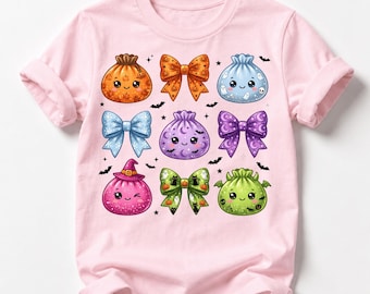 Cute Spooky Dumpling and Bow Tee, Kids Halloween Shirt or Sweatshirt, Colorful Trick or Treat Gift