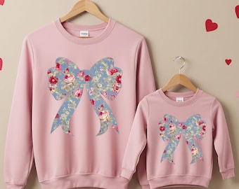 Retro Mommy and Daughter Matching Bow Sweatshirt, Floral Mom Bow Shirt, Gift for Mother's Day, Coquette Mama Sweater, Cute Retro Mama Shirt