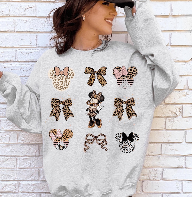 Cute Minnie Mouse Leopard Coquette Bow Sweatshirt, Disney Girls Sweater, Minnie Mouse Bow Hoodie, Disneyland Girls Trip Magic Kingdom Park image 1