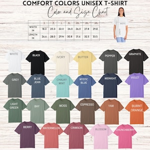 The image is a color and size chart for a unisex t-shirt, displaying various color options and corresponding sizes.