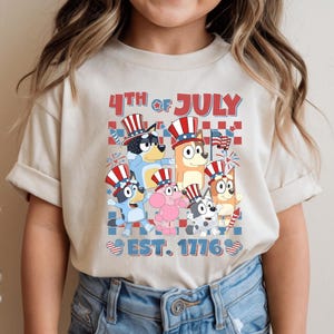 Blue Dog and Friends 4th of July Shirt – Cute Cartoon USA Tee – Red White and Blue Dog Fireworks Shirt – Independence Day Kids Shirt