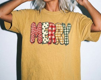 Comfort Colors® Merry Christmas Shirt, Faux Patchwork Plaid Holiday Tee, Leopard Print Festive T-Shirt