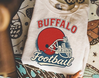Buffalo Retro Football Helmet Sweatshirt, Vintage Distressed Buffalo Game Day Hoodie, Cozy Sports Fan Top, Varsity Sports Fan Shirt