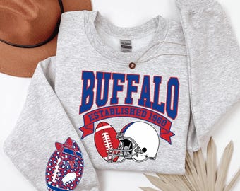 Buffalo Football Sweatshirt and Hoodie, Retro 1960 Helmet Crewneck with Leopard Print Ball Sleeve Design, Game Day Fan Hoodie