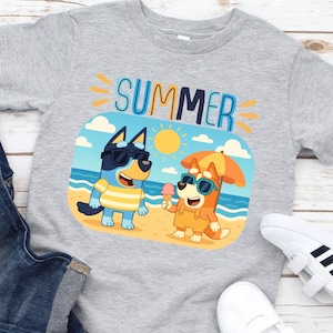 Funny Summer Blue Dog and Bingo Shirt – Cartoon Beach Day Tee – Cute Ice Cream & Sunglasses Shirt for Kids