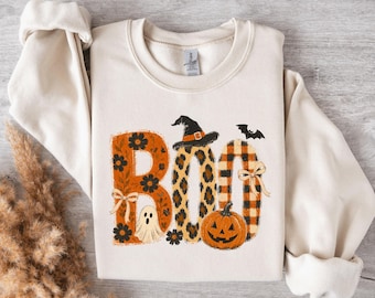 Boo Halloween Shirt or Sweatshirt, Retro Ghost and Pumpkin Hoodie, Floral Spooky Season Top, Cute Fall Cartoon Shirt