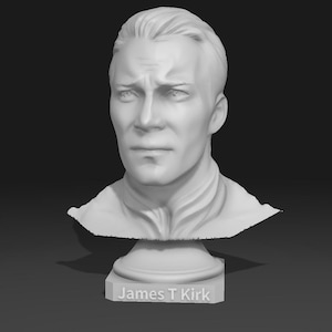 Könnte beinhalten: Eine weiße Büste eines Mannes mit kurzen, zurückgekämmten Haaren und ernstem Gesichtsausdruck. Die Büste ist auf einem Sockel mit der Inschrift "James T Kirk" angebracht. Die Skulptur steht vor einem dunklen Hintergrund.