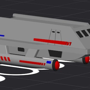 Puede incluir: Modelo de nave espacial gris futurista con detalles en rojo y azul. El modelo presenta un cuerpo rectangular, un motor cilíndrico y componentes circulares rojos. El diseño incluye tres ventanas y dos puertas.