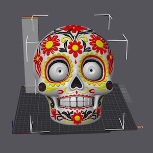 May include: A white, decorative skull with intricate floral designs in red, yellow, and black. The skull features large, expressive eyes and a detailed, smiling mouth. The design is reminiscent of Day of the Dead celebrations.