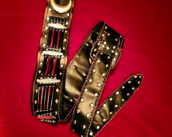 Leather Guitar Strap with Bison Bones, Silver Diamond Shaped Studs Moons and Ornate Hardware