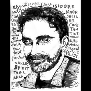 Può includere: Illustrazione a inchiostro nero e bianco di un ritratto maschile. L'opera d'arte include testo scritto a mano attorno al ritratto, come "esprit", "culture" e "spirit". L'uomo ha la barba e guarda lo spettatore.