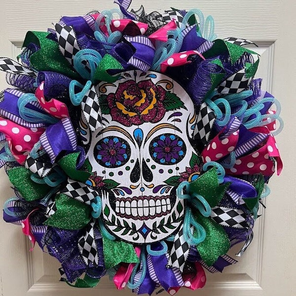 Day of the Dead Wreath, Dia De Los Muertos, Skull, Wreath, Mexico Halloween, Door Decor, Mesh, Custom, Housewarming, Realtor Gift