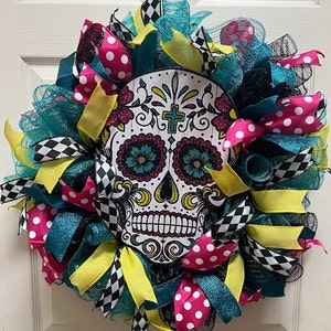 Day of the Dead Wreath, Dia De Los Muertos, Skull, Wreath, Mexico Halloween, Door Decor, Mesh, Custom, Housewarming, Realtor Gift