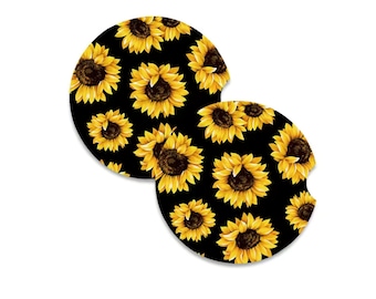 Sunflower Car Coaster, 2 PC, Sunflower, Flowers, Neoprene, Nonslip, Car Coasters, Cup Coasters, Car Accessories, Sublimation, Sun