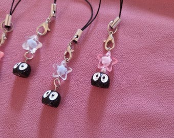 Pingente de celular artesanal de espírito da fuligem, fofo, preto, para saco de pó, inspirado no anime Ghibli, com miçangas, kawaii, estrela e espírito, acessório para presente feito à mão.