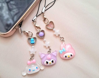 Handmade Inspired Sanrio Phone Charm - Cute Cinnamoroll Kuromi My Melody Phone Strap - Kawaii Aesthetic Bag Charm Friendship Keychain