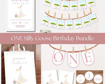 May include: A printable birthday party bundle featuring a cute goose design. The bundle includes a welcome sign, thank you cards, cupcake toppers, and a banner that says "ONE".