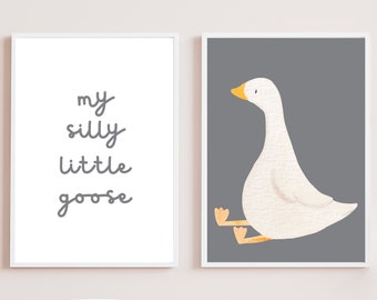 Silly Goose Wall Art, Goose Nursery Decor, Earth Tone Nursery Prints, Slate Grey Silly Goose, Children’s Room Print, Goose Theme Nursery