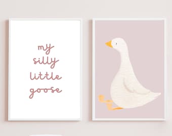 Silly Goose Wall Art, Goose Nursery Decor, Earth Tone Nursery Prints, Dusty Rose Silly Goose, Children’s Room Print, Goose Theme Nursery