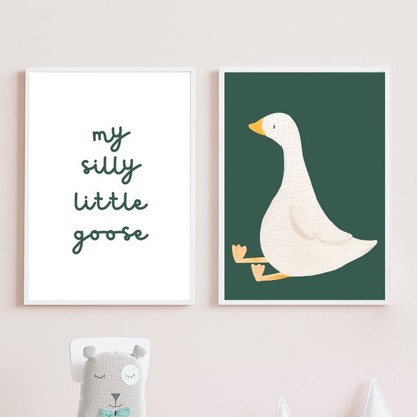 Silly Goose Wall Art, Goose Nursery Decor, Earth Tone Nursery Prints, Forest Green, Silly Goose, Children’s Room Print, Goose Theme Nursery