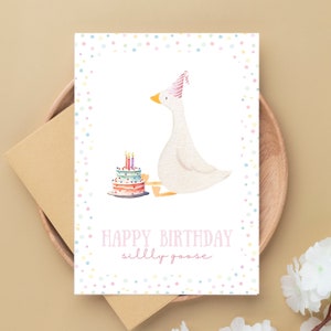 Silly Goose Birthday Card Pink, Silly Goose Birthday Watercolor Goose Birthday Card, Goose Cake and Party Hat, Partying Goose Happy Birthday