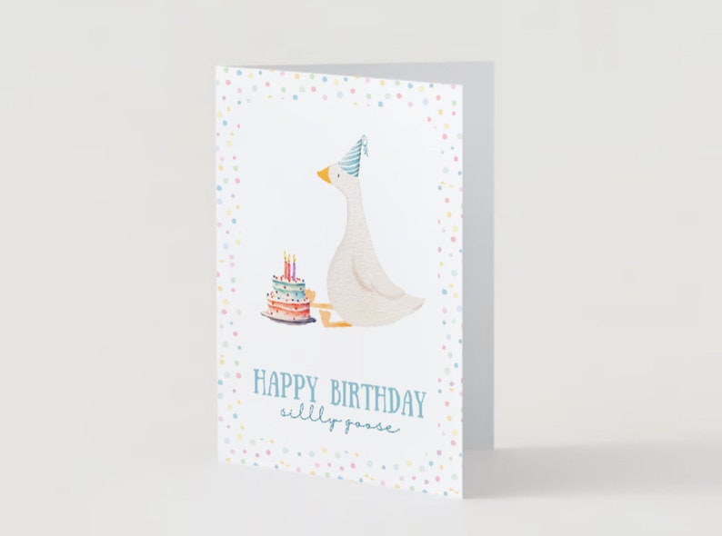 Silly Goose Birthday Card, Watercolor Goose, Cake and Party Hat ...
