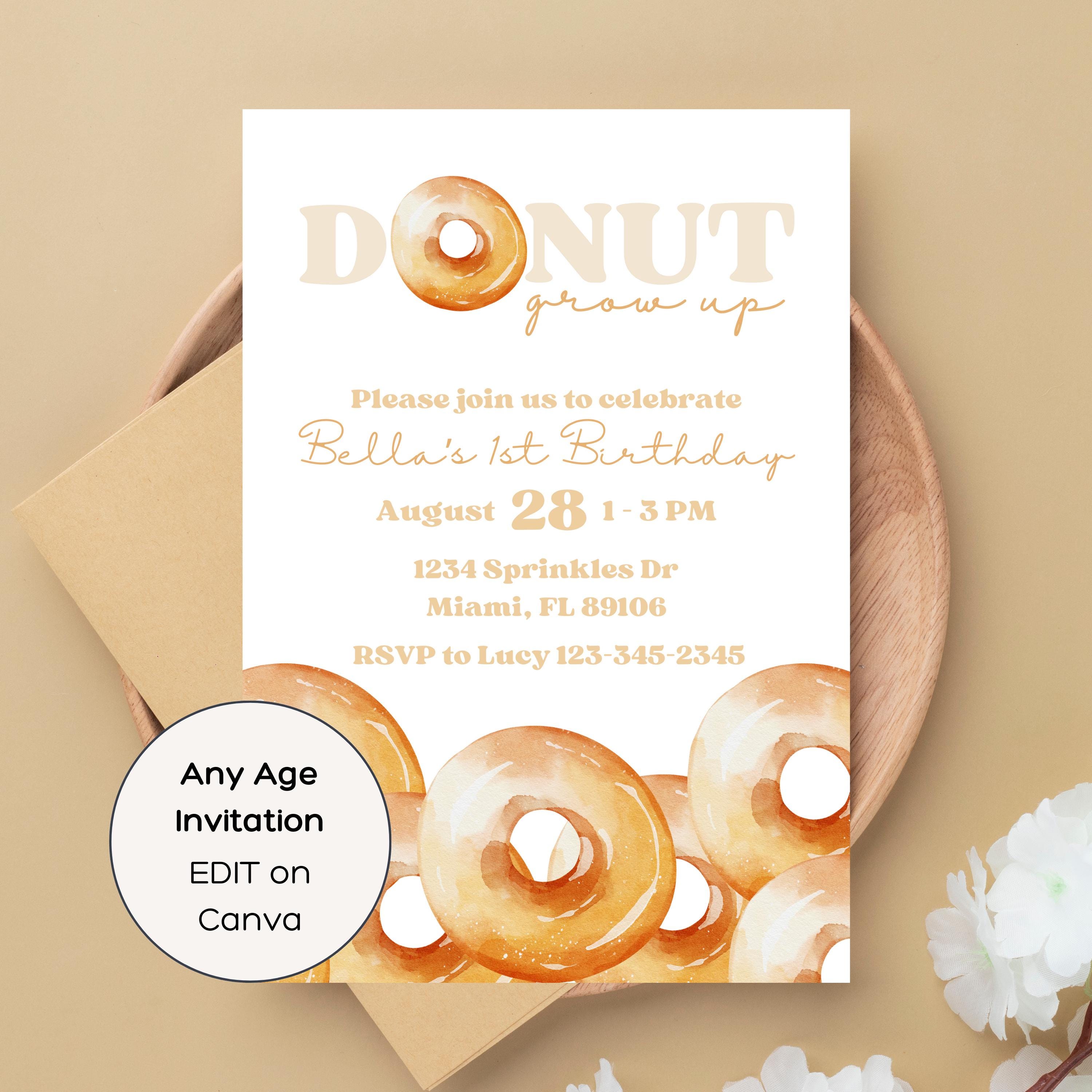 Donut Grow Up Birthday Invitation, Donut Miss Out Birthday, Donut Theme Party Invite, Glazed Donut Party, Sweet One Birthday Custom Invite