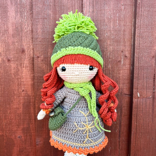 Ginger Girl, Crochet doll with accessories, Handmade crochet doll for kids,Handmade doll with clothes,Knit Doll with wire structure,Crochet,