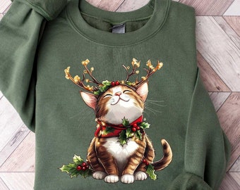 Reindeer Cat Sweatshirt, Cute Cat Tshirt, Cat Lover Sweatshirt For Christmas, Christmas Cat Sweatshirt, Christmas