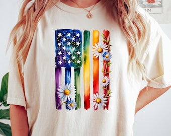 Rainbow Flag Daisy Shirt, Pride Flag Floral Tee, Be Yourself Sweatshirt, LGBTQ Ally Shirt, Colorful USA Flag Shirt, LGBTQ Flag