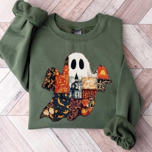 Faux Embroidery Ghost Sweatshirt,Spooky Season Shirt,  Patchwork Ghost Halloween Shirt, Cute Halloween TShirt,Fall Ghost Quilt Tee, Cozy Tee