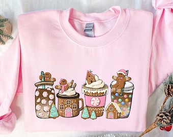 Pink Gingerbread Coffee, Christmas Lover Shirt, Winter Coffee Sweatshirt, Fall Sweatshirt, Cute Women Sweatshirt, Women Gift, Christmas Gift