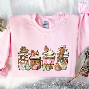 Pink Gingerbread Coffee, Christmas Lover Shirt, Winter Coffee Sweatshirt, Fall Sweatshirt, Cute Women Sweatshirt, Women Gift, Christmas Gift