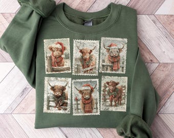 Highland Cow Christmas Sweatshirt, Christmas Cow Shirt, Highland Cow Christmas Lights Tee, Cute Cow Holiday tShirt, Festive Christmas Tee