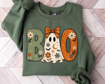 Boo Spooky Sweatshirt, Striped Halloween Ghost T-Shirt, Spooky Season Top, Trendy Fall Tee, Retro Boo Bow Shirt,Fall Spooky Season Halloween