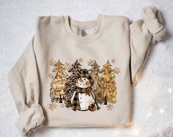 Christmas Shirt, Christmas Gold Snowman Shirt, Christmas Snowman and Tree Sweatshirt, Christmas Sweatshirt, Christmas Gift for Women