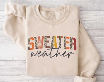 May include: A beige sweatshirt with the text "SWEATER weather" printed on the front. The text is in a colorful, layered font with a leopard print pattern.