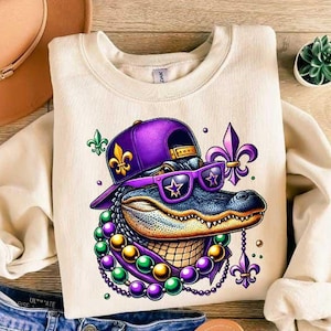 Mardi Gras Crocodile Sweatshirt, Women Mardi Gras Sweatshirt, Mardi Gras Alligator Shirt, Fat Tuesday Sweater,Mardi Gras Carnival